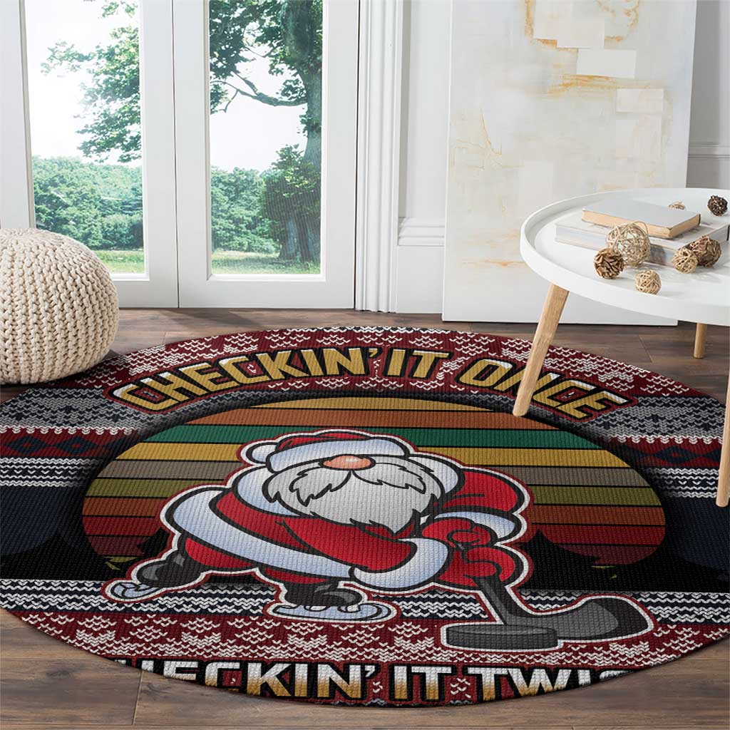 Hockey Checking It Once Checking It Twice Round Carpet Santa Playing Ice Hockey Christmas