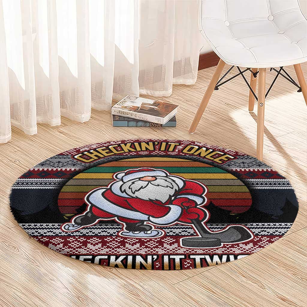 Hockey Checking It Once Checking It Twice Round Carpet Santa Playing Ice Hockey Christmas