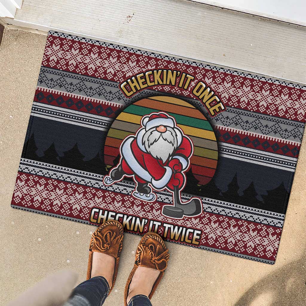 Hockey Checking It Once Checking It Twice Rubber Doormat Santa Playing Ice Hockey Christmas DT04 - Wonder Print Shop