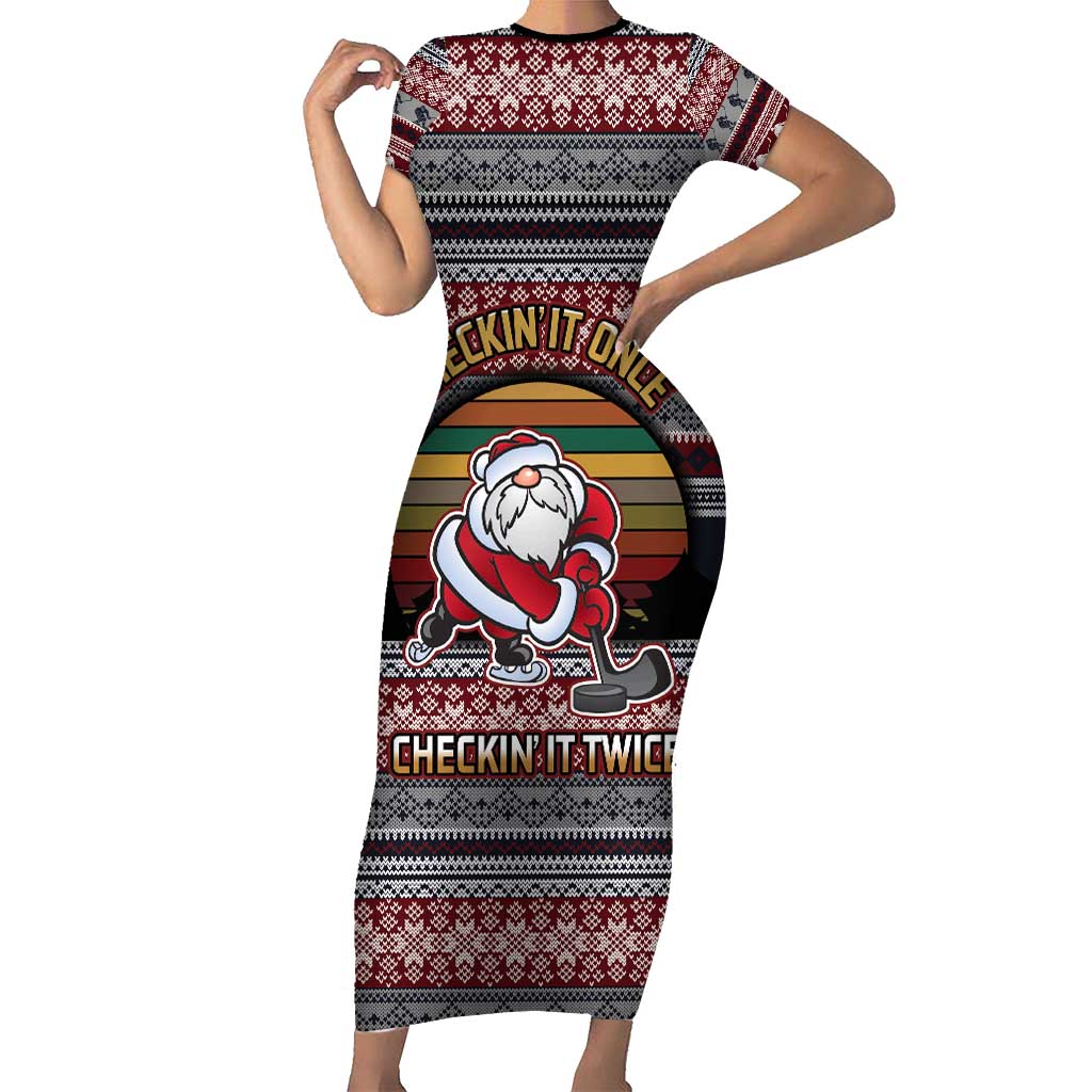 Hockey Checking It Once Checking It Twice Short Sleeve Bodycon Dress Santa Playing Ice Hockey Christmas DT04 - Wonder Print Shop