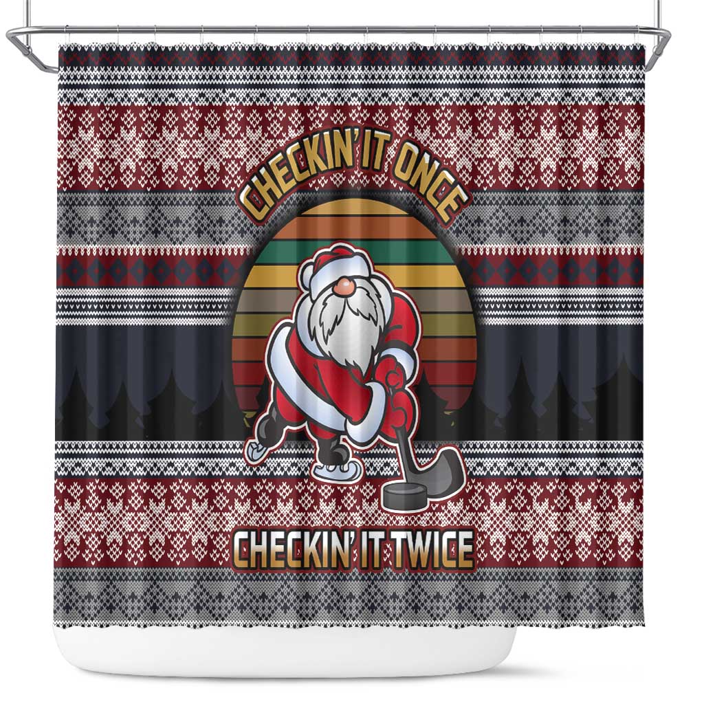 Hockey Checking It Once Checking It Twice Shower Curtain Santa Playing Ice Hockey Christmas