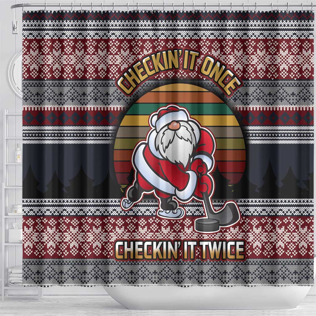 Hockey Checking It Once Checking It Twice Shower Curtain Santa Playing Ice Hockey Christmas