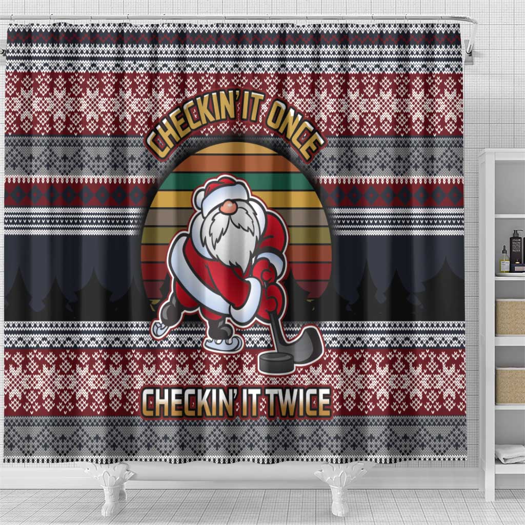 Hockey Checking It Once Checking It Twice Shower Curtain Santa Playing Ice Hockey Christmas