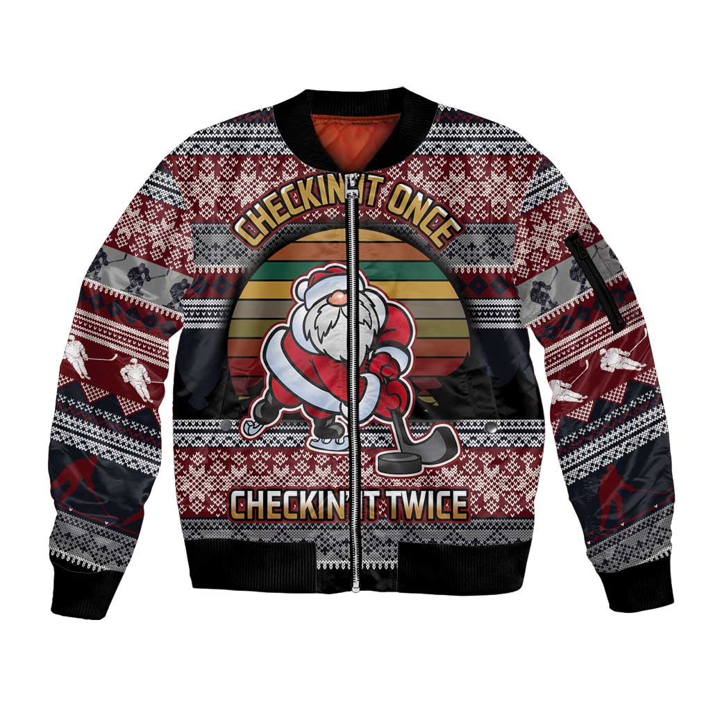 Hockey Checking It Once Checking It Twice Sleeve Zip Bomber Jacket Santa Playing Ice Hockey Christmas DT04 - Wonder Print Shop