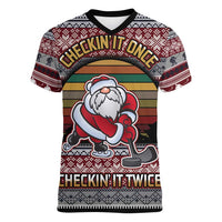 Hockey Checking It Once Checking It Twice Women V-Neck T-Shirt Santa Playing Ice Hockey Christmas DT04 - Wonder Print Shop