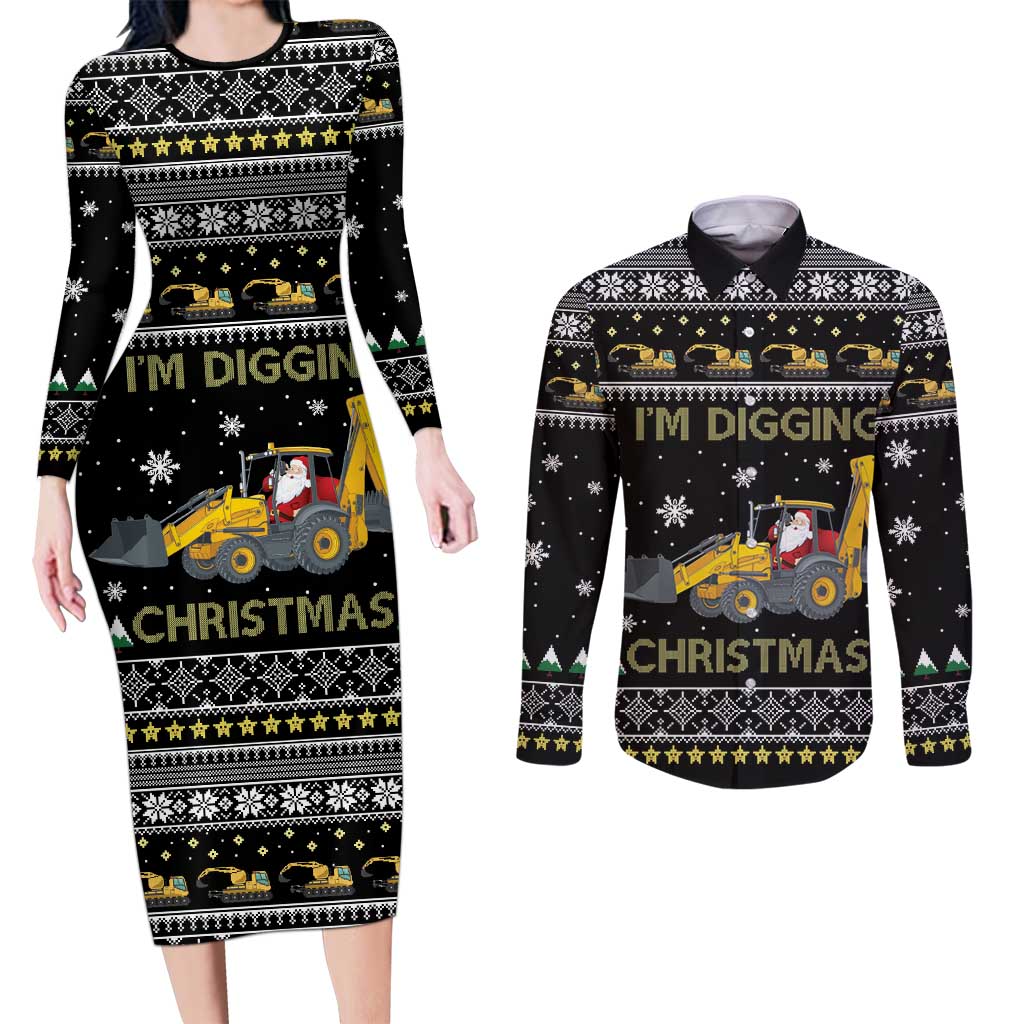 Im Digging Christmas Couples Matching Long Sleeve Bodycon Dress and Long Sleeve Button Shirt Tractor Santa Claus DT04 - Wonder Print Shop