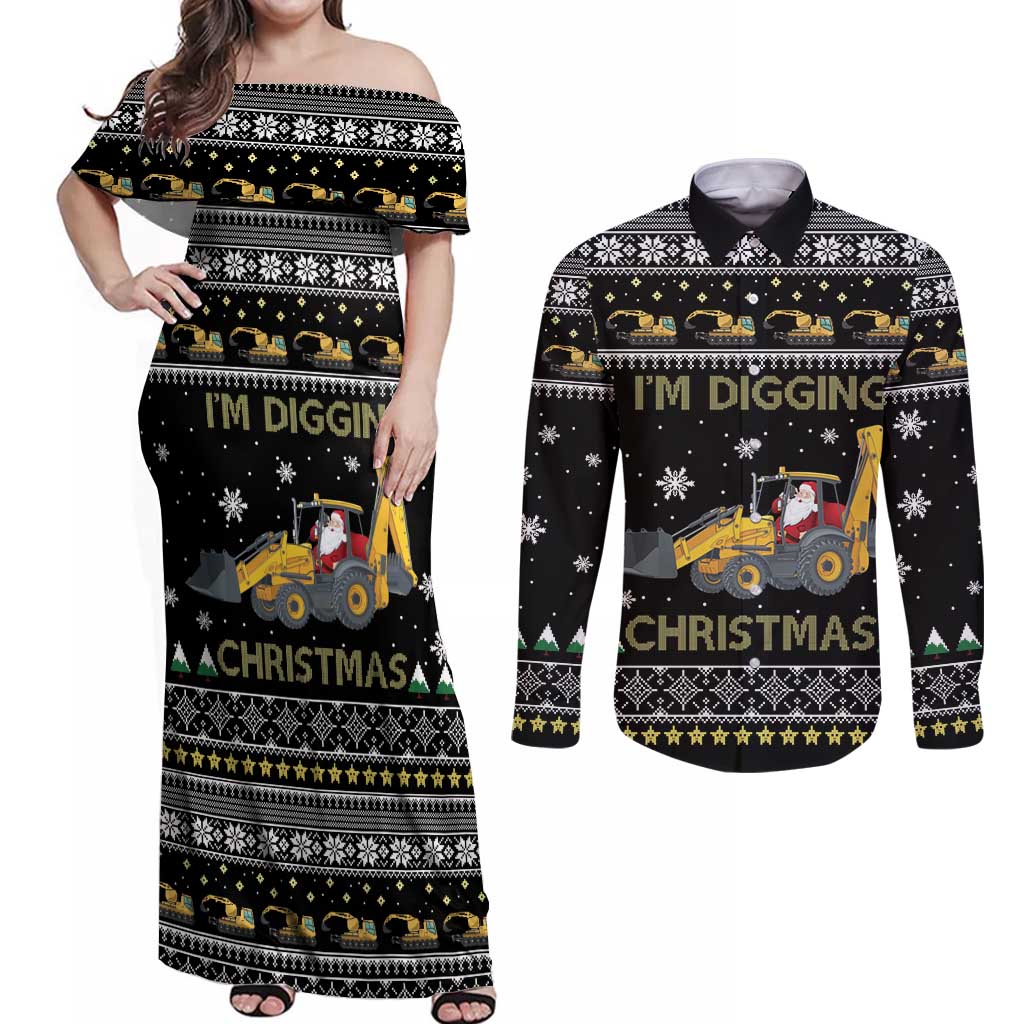 Im Digging Christmas Couples Matching Off Shoulder Maxi Dress and Long Sleeve Button Shirt Tractor Santa Claus DT04 - Wonder Print Shop