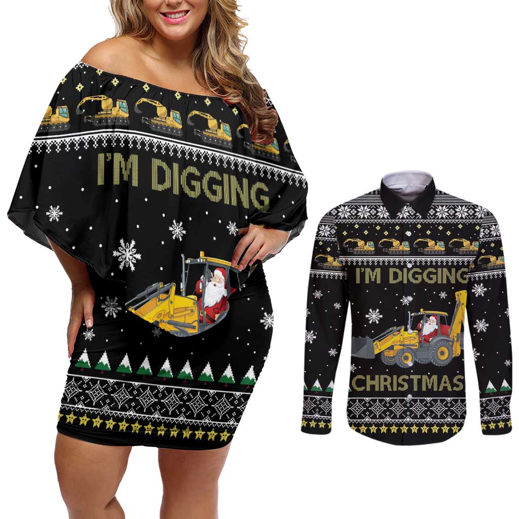 Im Digging Christmas Couples Matching Off Shoulder Short Dress and Long Sleeve Button Shirt Tractor Santa Claus DT04 - Wonder Print Shop