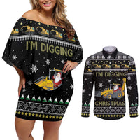Im Digging Christmas Couples Matching Off Shoulder Short Dress and Long Sleeve Button Shirt Tractor Santa Claus DT04 - Wonder Print Shop