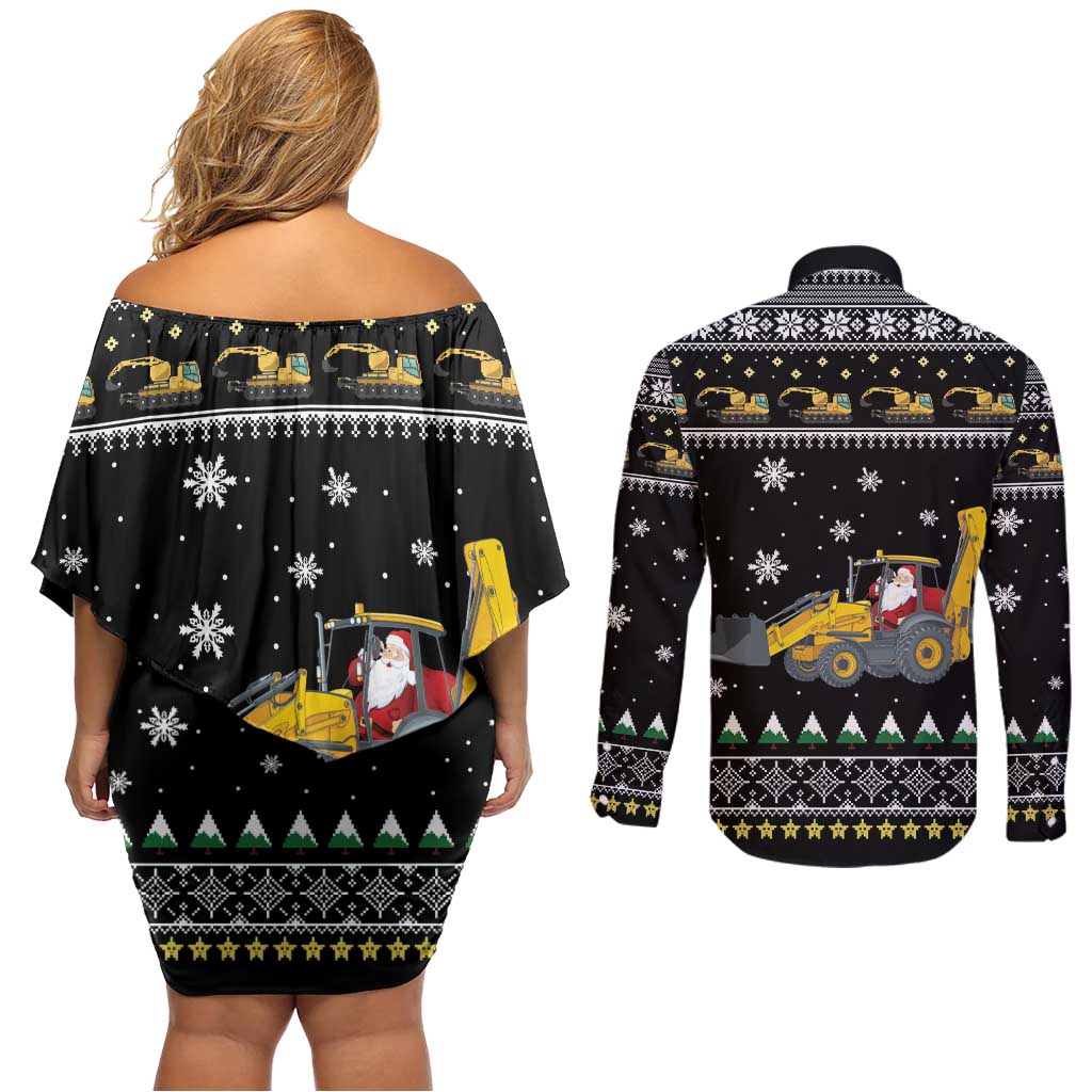 Im Digging Christmas Couples Matching Off Shoulder Short Dress and Long Sleeve Button Shirt Tractor Santa Claus DT04 - Wonder Print Shop