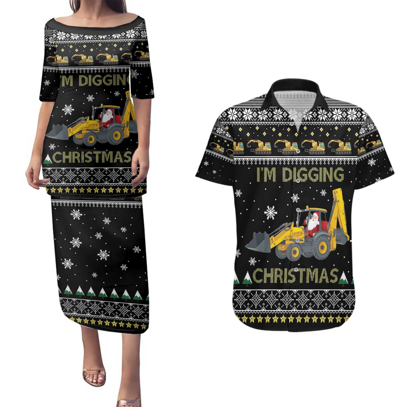 Im Digging Christmas Couples Matching Puletasi and Hawaiian Shirt Tractor Santa Claus DT04 - Wonder Print Shop