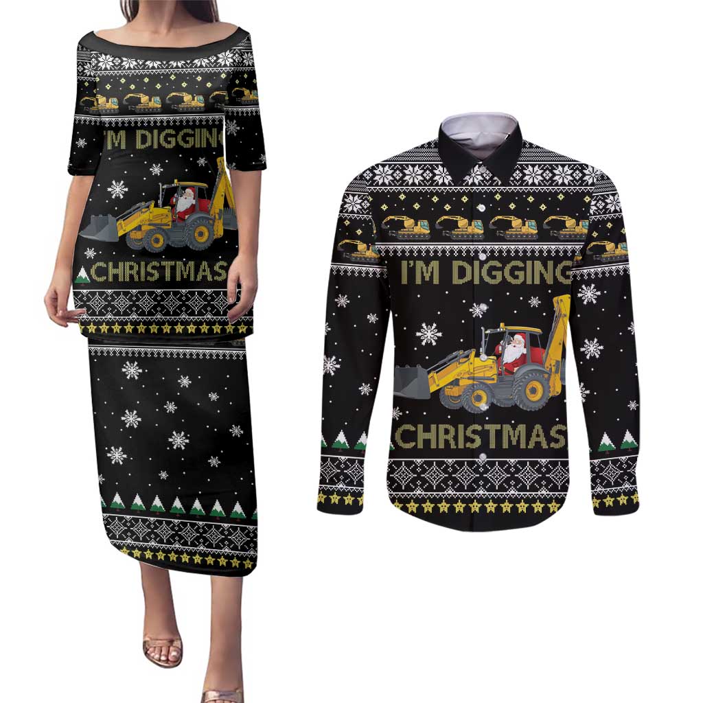 Im Digging Christmas Couples Matching Puletasi and Long Sleeve Button Shirt Tractor Santa Claus DT04 - Wonder Print Shop