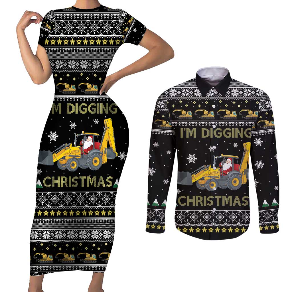 Im Digging Christmas Couples Matching Short Sleeve Bodycon Dress and Long Sleeve Button Shirt Tractor Santa Claus DT04 - Wonder Print Shop