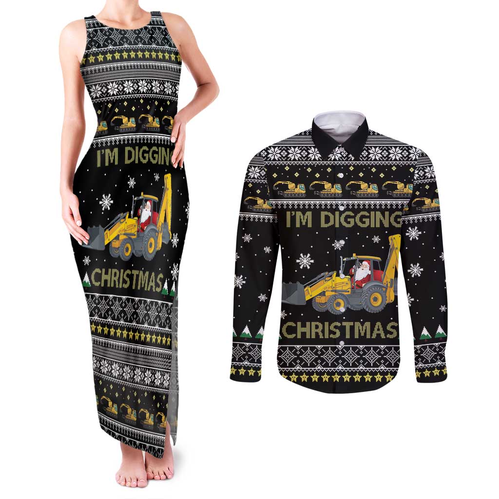 Im Digging Christmas Couples Matching Tank Maxi Dress and Long Sleeve Button Shirt Tractor Santa Claus DT04 - Wonder Print Shop