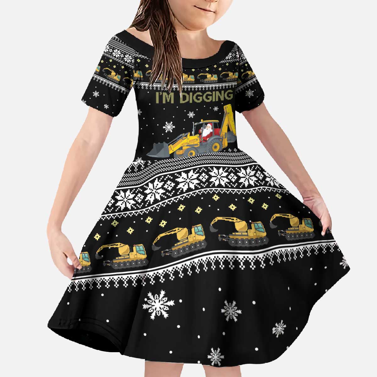 Im Digging Christmas Family Matching Off The Shoulder Long Sleeve Dress and Hawaiian Shirt Tractor Santa Claus DT04 - Wonder Print Shop