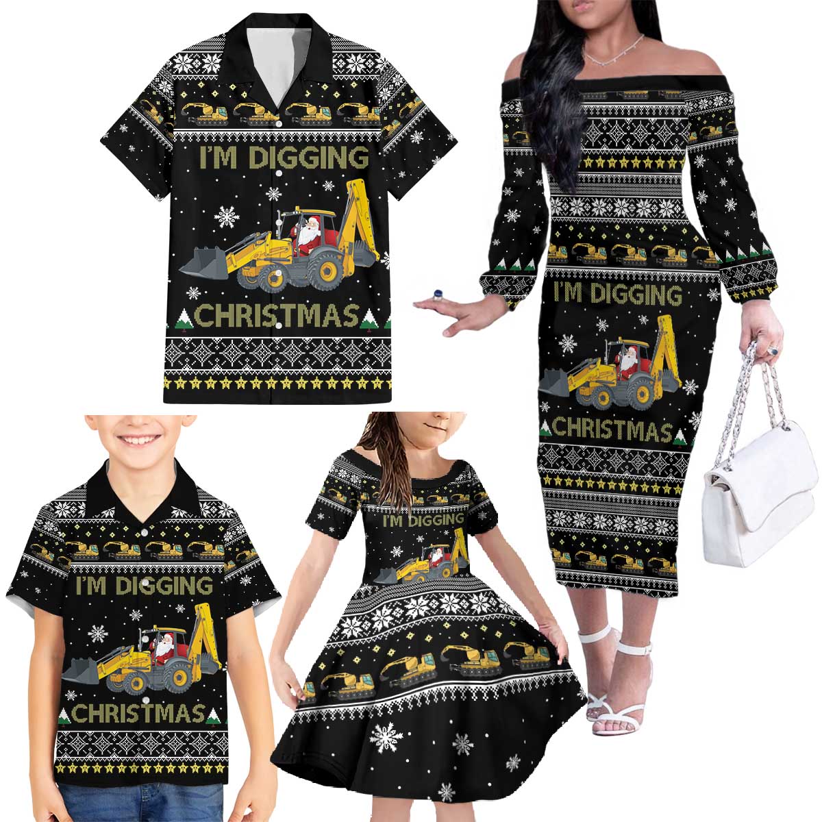 Im Digging Christmas Family Matching Off The Shoulder Long Sleeve Dress and Hawaiian Shirt Tractor Santa Claus DT04 - Wonder Print Shop