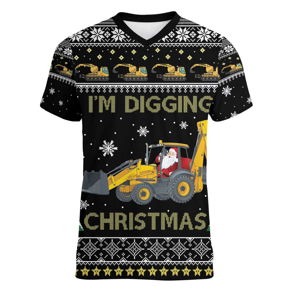 Im Digging Christmas Women V-Neck T-Shirt Tractor Santa Claus DT04 - Wonder Print Shop