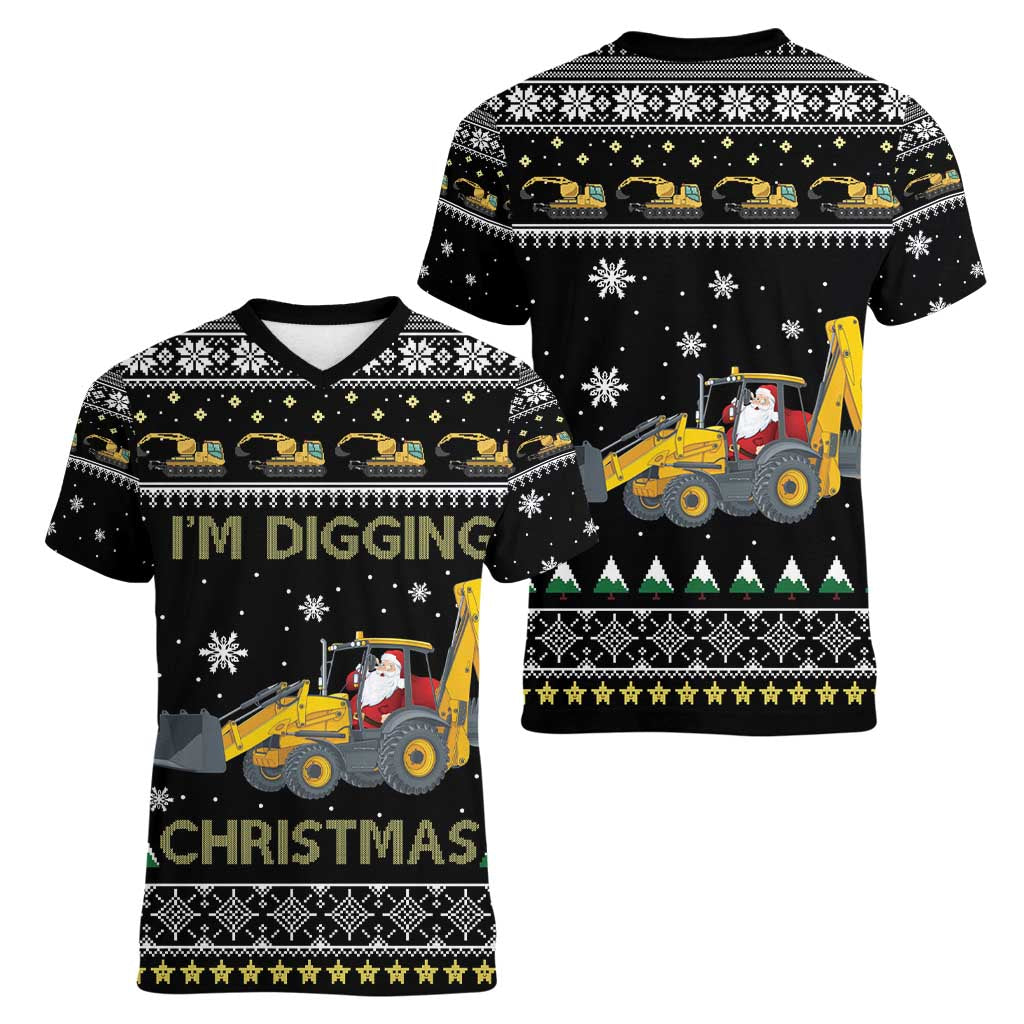 Im Digging Christmas Women V-Neck T-Shirt Tractor Santa Claus DT04 - Wonder Print Shop