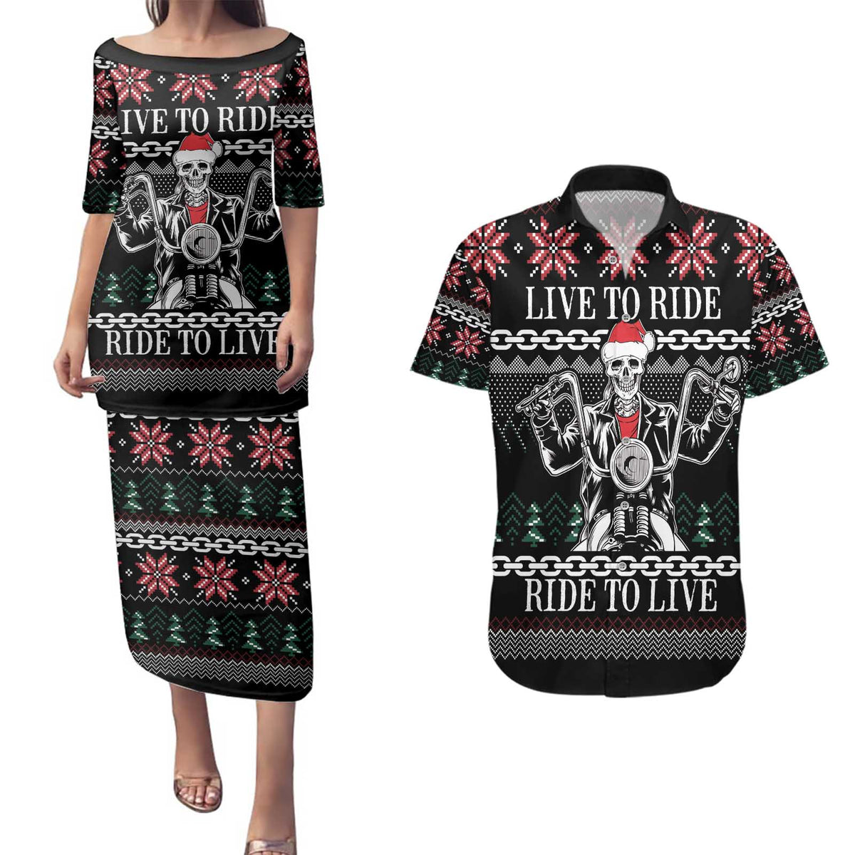 Live To Ride Motorbike Skeleton Couples Matching Puletasi and Hawaiian Shirt Biker Skull Christmas DT04 - Wonder Print Shop