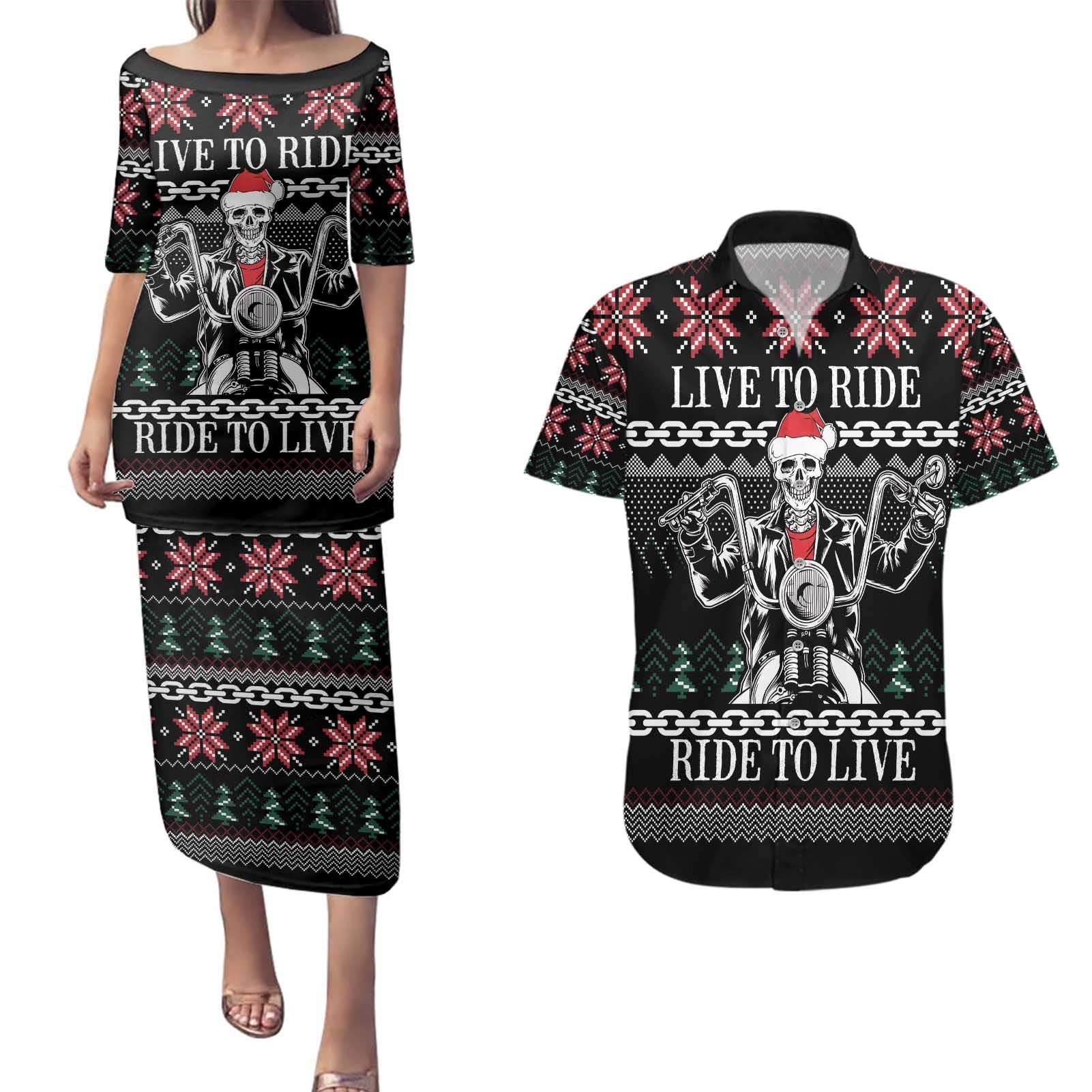 Live To Ride Motorbike Skeleton Couples Matching Puletasi and Hawaiian Shirt Biker Skull Christmas DT04 - Wonder Print Shop