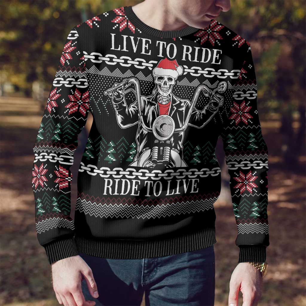 Live To Ride Motorbike Skeleton Ugly Christmas Sweater Biker Skull Christmas DT04 - Wonder Print Shop