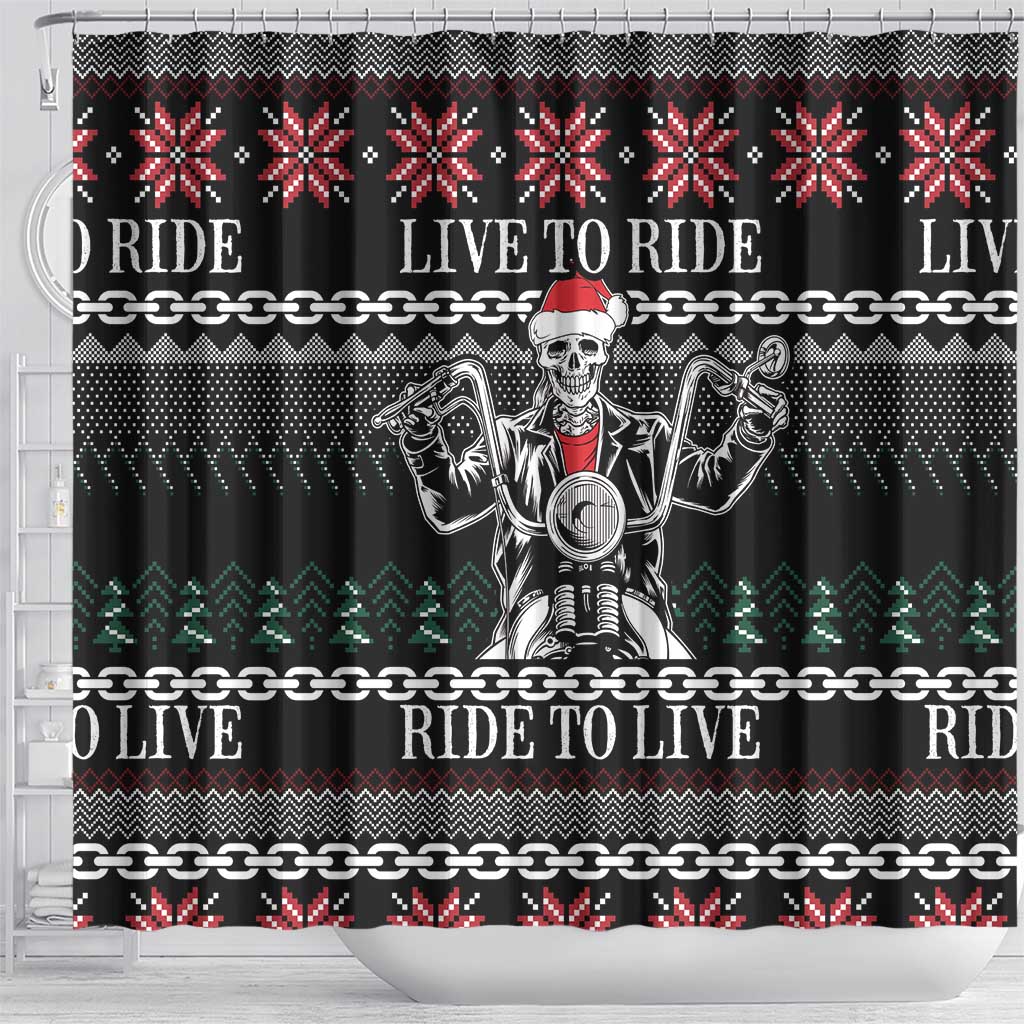 Live To Ride Motorbike Skeleton Shower Curtain Biker Skull Christmas