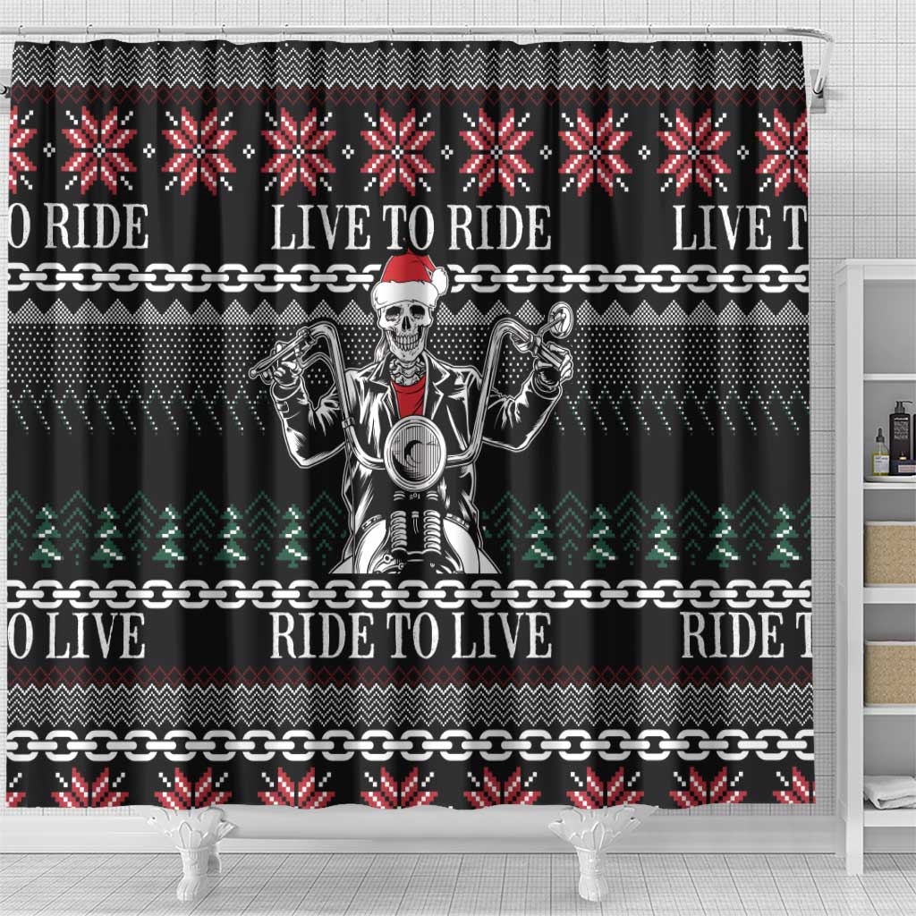 Live To Ride Motorbike Skeleton Shower Curtain Biker Skull Christmas