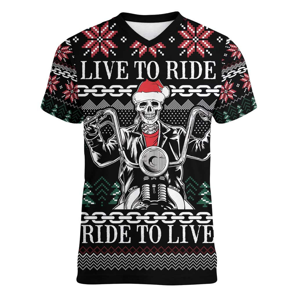 Live To Ride Motorbike Skeleton Women V-Neck T-Shirt Biker Skull Christmas DT04 - Wonder Print Shop