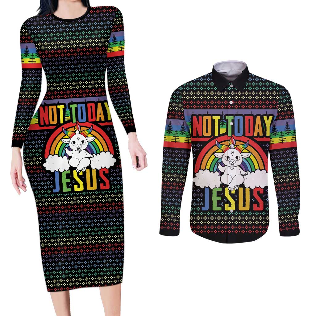 LGBT Not Today Jesus Couples Matching Long Sleeve Bodycon Dress and Long Sleeve Button Shirt Rainbow Christmas DT04 - Wonder Print Shop