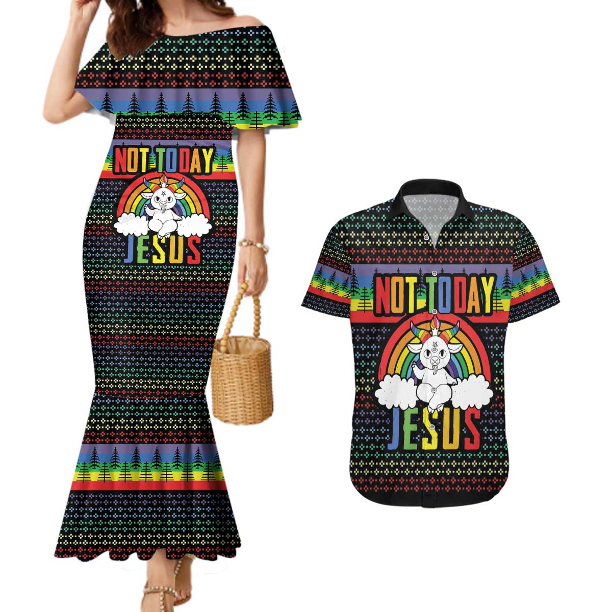 LGBT Not Today Jesus Couples Matching Mermaid Dress and Hawaiian Shirt Rainbow Christmas DT04 - Wonder Print Shop