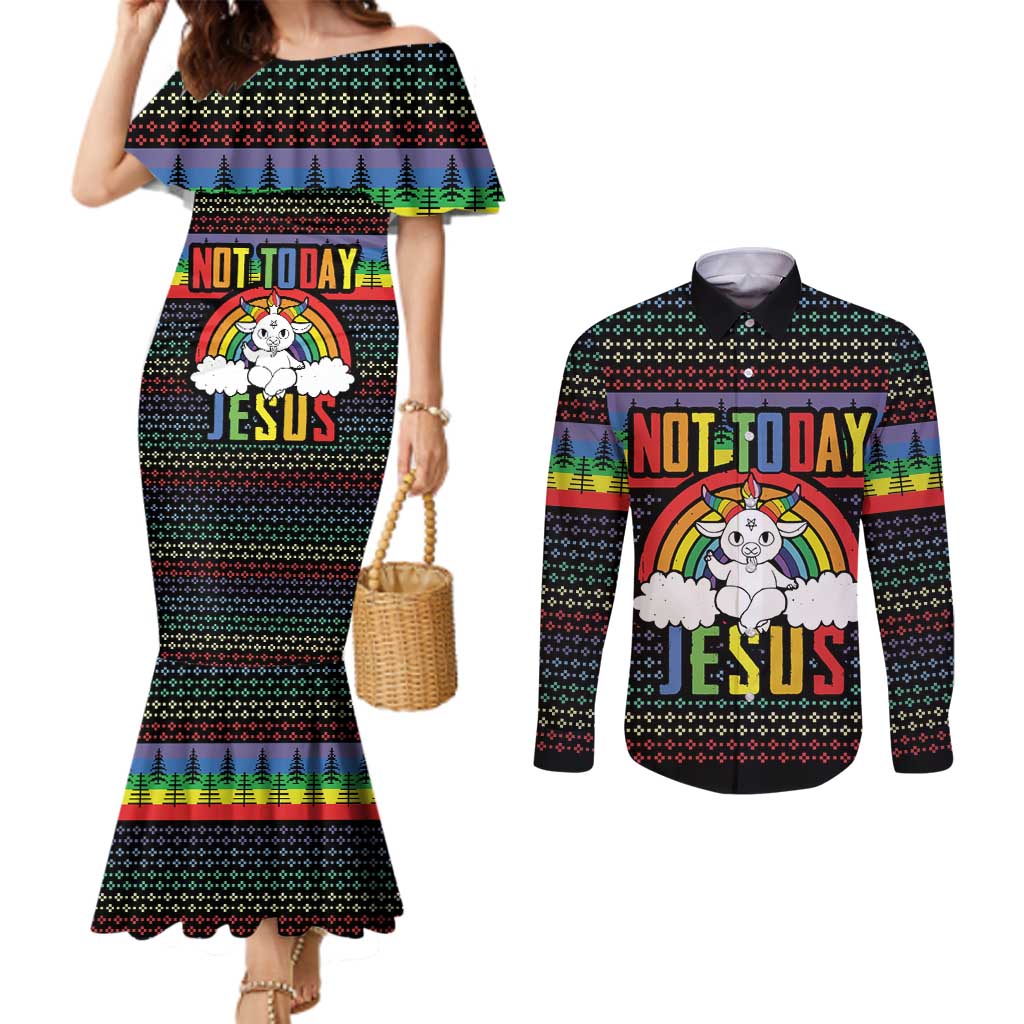 LGBT Not Today Jesus Couples Matching Mermaid Dress and Long Sleeve Button Shirt Rainbow Christmas