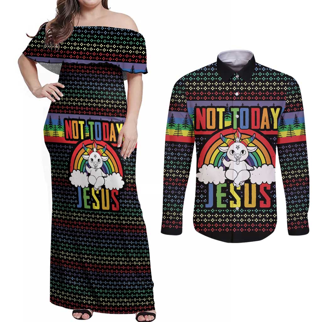 LGBT Not Today Jesus Couples Matching Off Shoulder Maxi Dress and Long Sleeve Button Shirt Rainbow Christmas DT04 - Wonder Print Shop