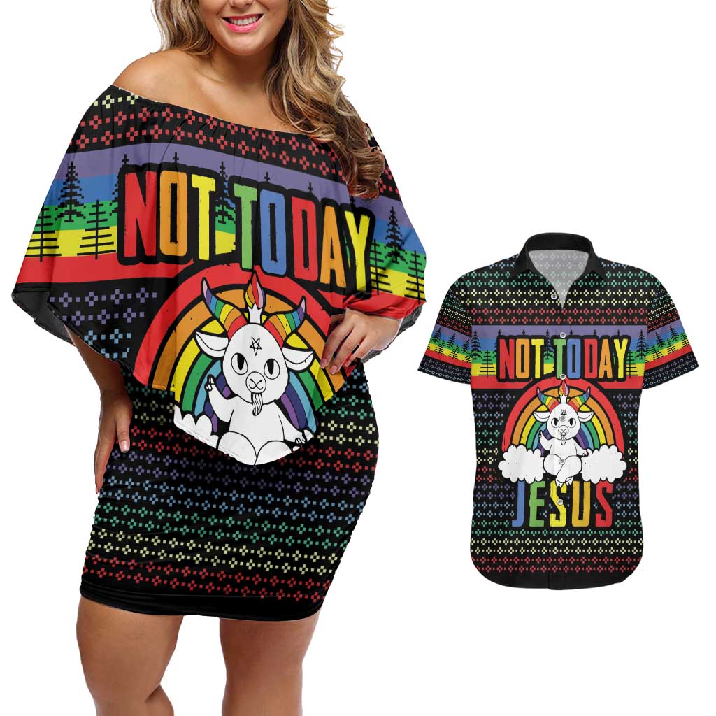 LGBT Not Today Jesus Couples Matching Off Shoulder Short Dress and Hawaiian Shirt Rainbow Christmas DT04 - Wonder Print Shop