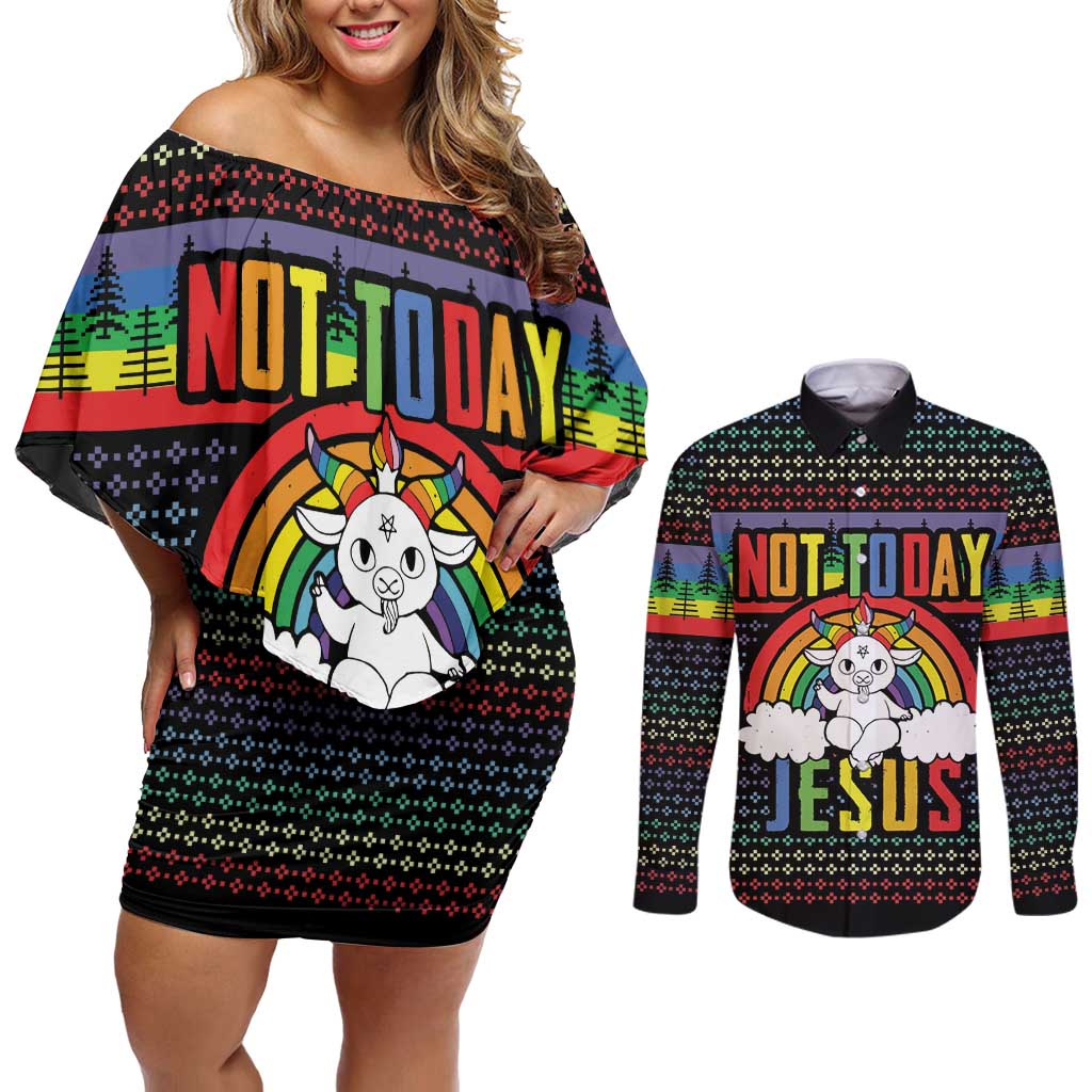 LGBT Not Today Jesus Couples Matching Off Shoulder Short Dress and Long Sleeve Button Shirt Rainbow Christmas DT04 - Wonder Print Shop