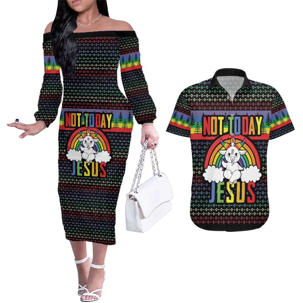 LGBT Not Today Jesus Couples Matching Off The Shoulder Long Sleeve Dress and Hawaiian Shirt Rainbow Christmas DT04 - Wonder Print Shop