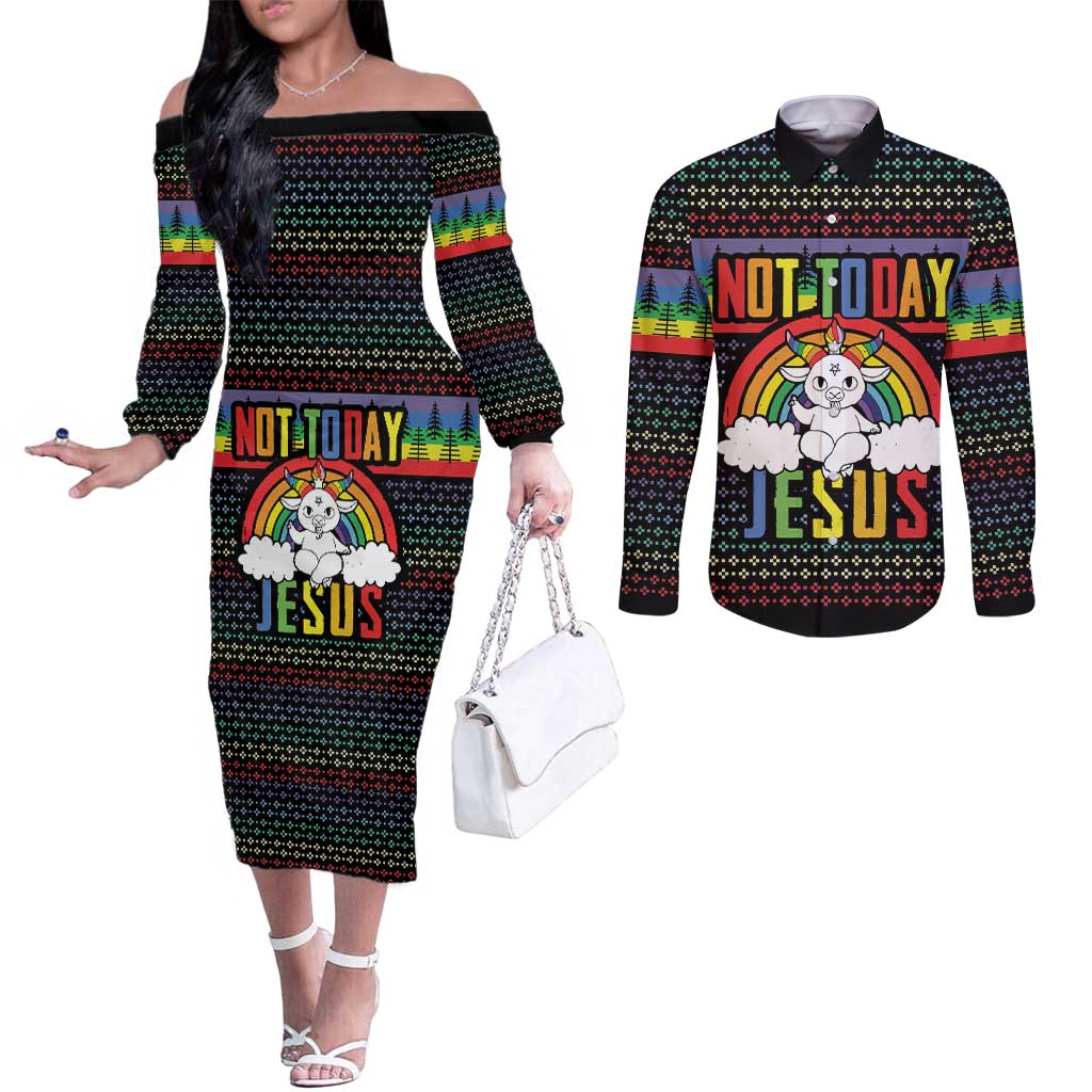 LGBT Not Today Jesus Couples Matching Off The Shoulder Long Sleeve Dress and Long Sleeve Button Shirt Rainbow Christmas