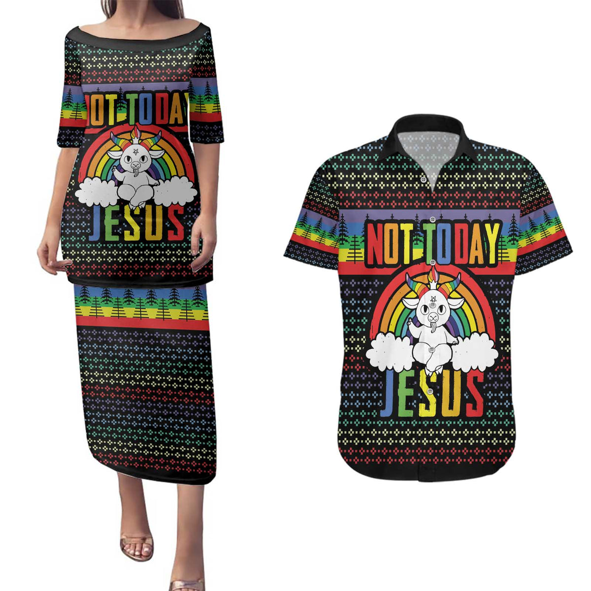 LGBT Not Today Jesus Couples Matching Puletasi and Hawaiian Shirt Rainbow Christmas DT04 - Wonder Print Shop