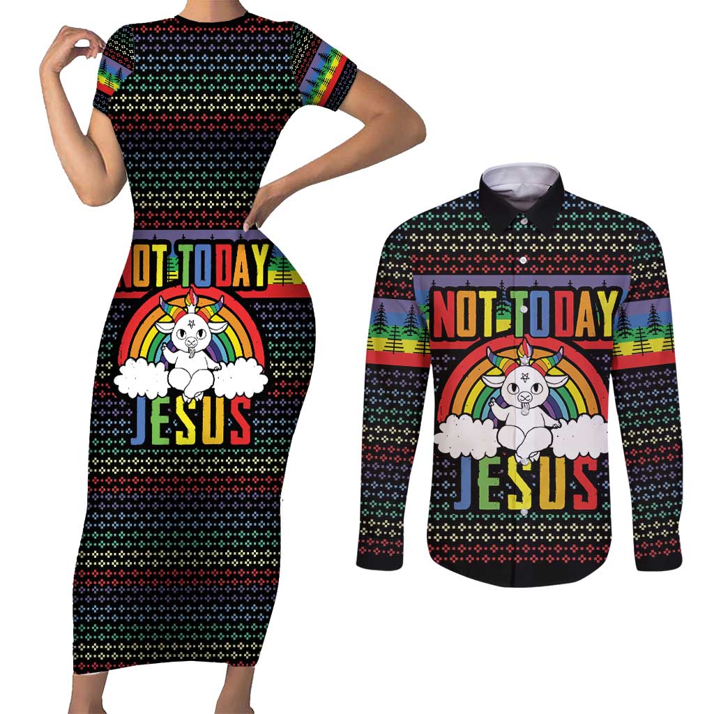 LGBT Not Today Jesus Couples Matching Short Sleeve Bodycon Dress and Long Sleeve Button Shirt Rainbow Christmas DT04 - Wonder Print Shop