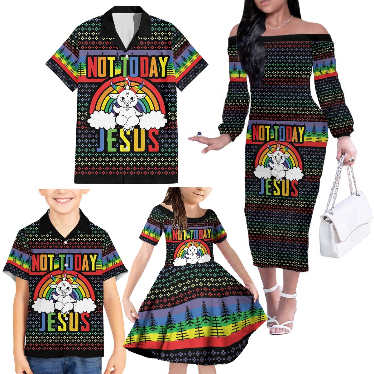 LGBT Not Today Jesus Family Matching Off The Shoulder Long Sleeve Dress and Hawaiian Shirt Rainbow Christmas DT04 - Wonder Print Shop
