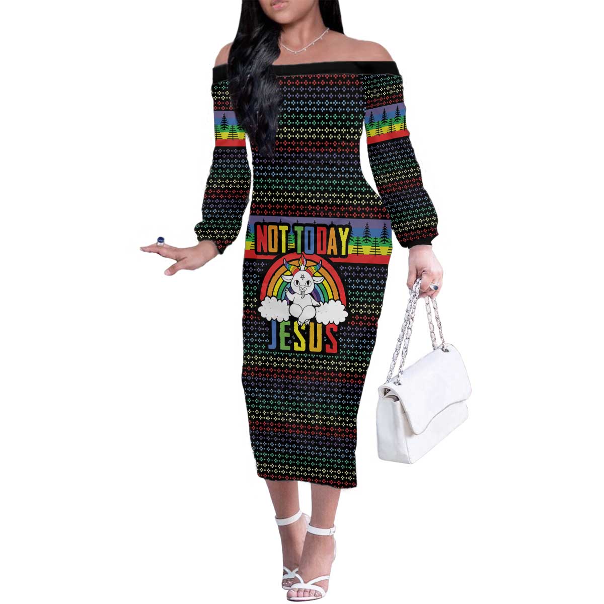 LGBT Not Today Jesus Family Matching Off The Shoulder Long Sleeve Dress and Hawaiian Shirt Rainbow Christmas DT04 - Wonder Print Shop