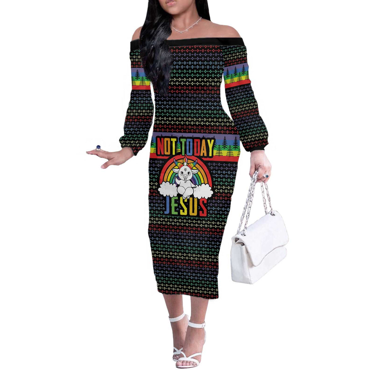 LGBT Not Today Jesus Off The Shoulder Long Sleeve Dress Rainbow Christmas DT04 - Wonder Print Shop