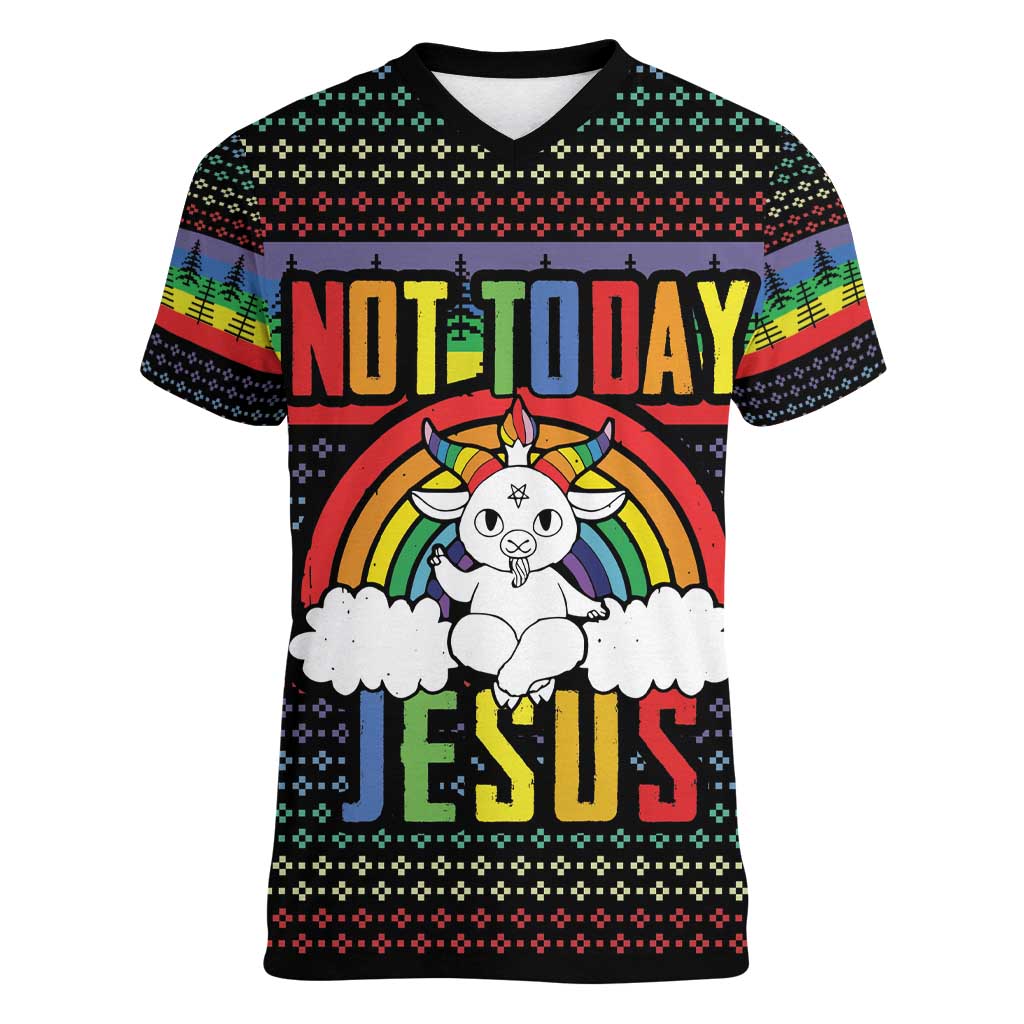 LGBT Not Today Jesus Women V-Neck T-Shirt Rainbow Christmas DT04 - Wonder Print Shop