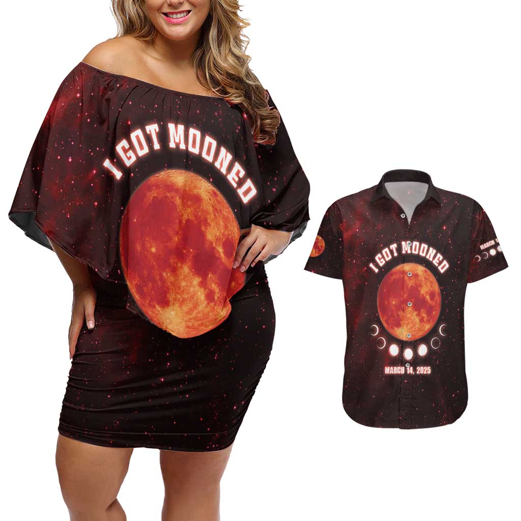 Blood Moon 2025 Couples Matching Off Shoulder Short Dress and Hawaiian Shirt Total Lunar Eclipse