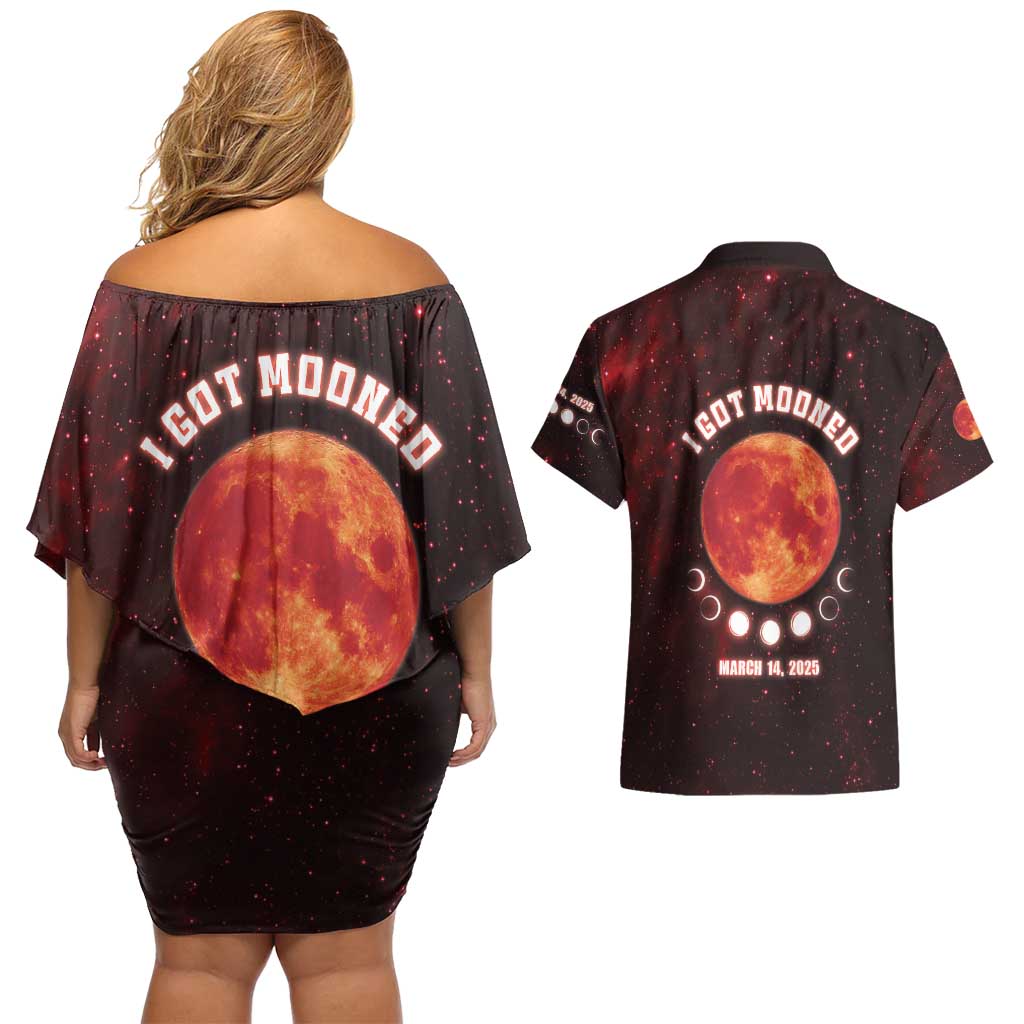 Blood Moon 2025 Couples Matching Off Shoulder Short Dress and Hawaiian Shirt Total Lunar Eclipse