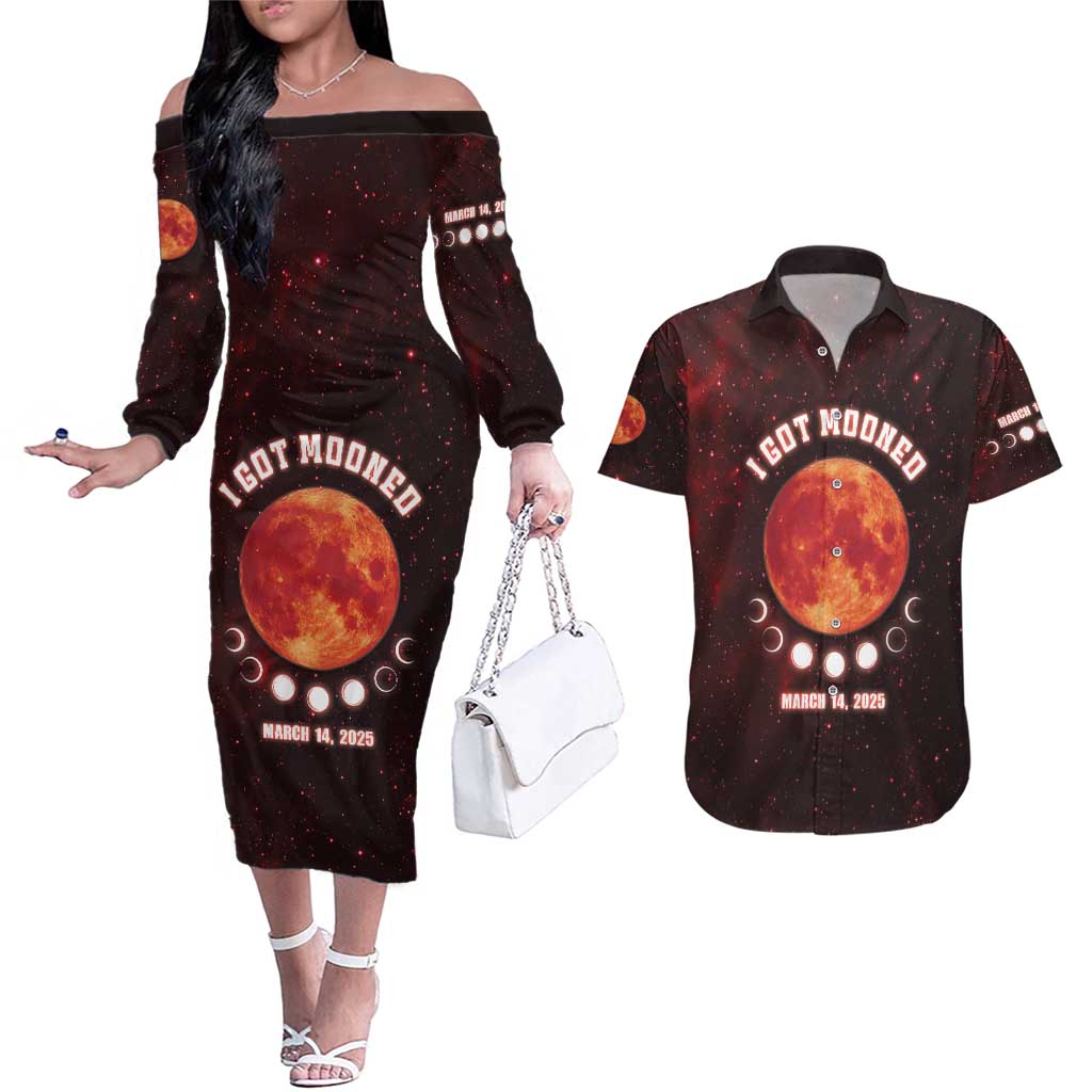 Blood Moon 2025 Couples Matching Off The Shoulder Long Sleeve Dress and Hawaiian Shirt Total Lunar Eclipse