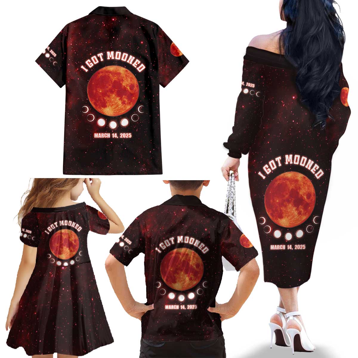 Blood Moon 2025 Family Matching Off The Shoulder Long Sleeve Dress and Hawaiian Shirt Total Lunar Eclipse