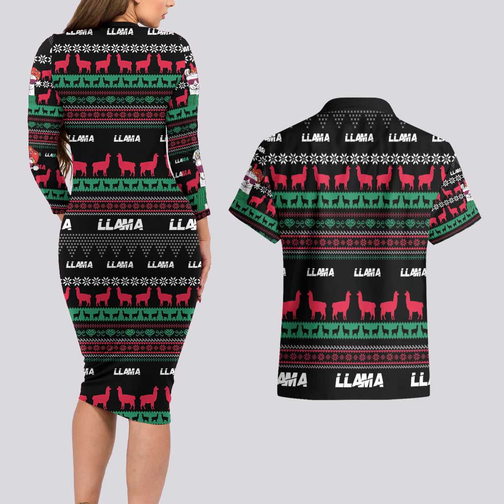 Llama Funny Couples Matching Long Sleeve Bodycon Dress and Hawaiian Shirt Llama Christmas DT04 - Wonder Print Shop