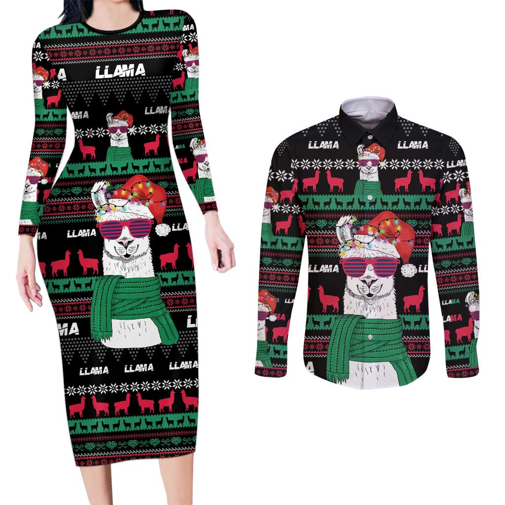Llama Funny Couples Matching Long Sleeve Bodycon Dress and Long Sleeve Button Shirt Llama Christmas DT04 - Wonder Print Shop