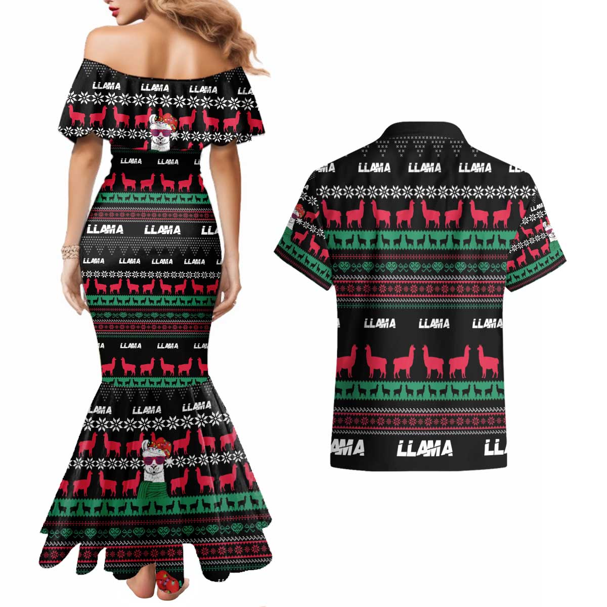 Llama Funny Couples Matching Mermaid Dress and Hawaiian Shirt Llama Christmas DT04 - Wonder Print Shop