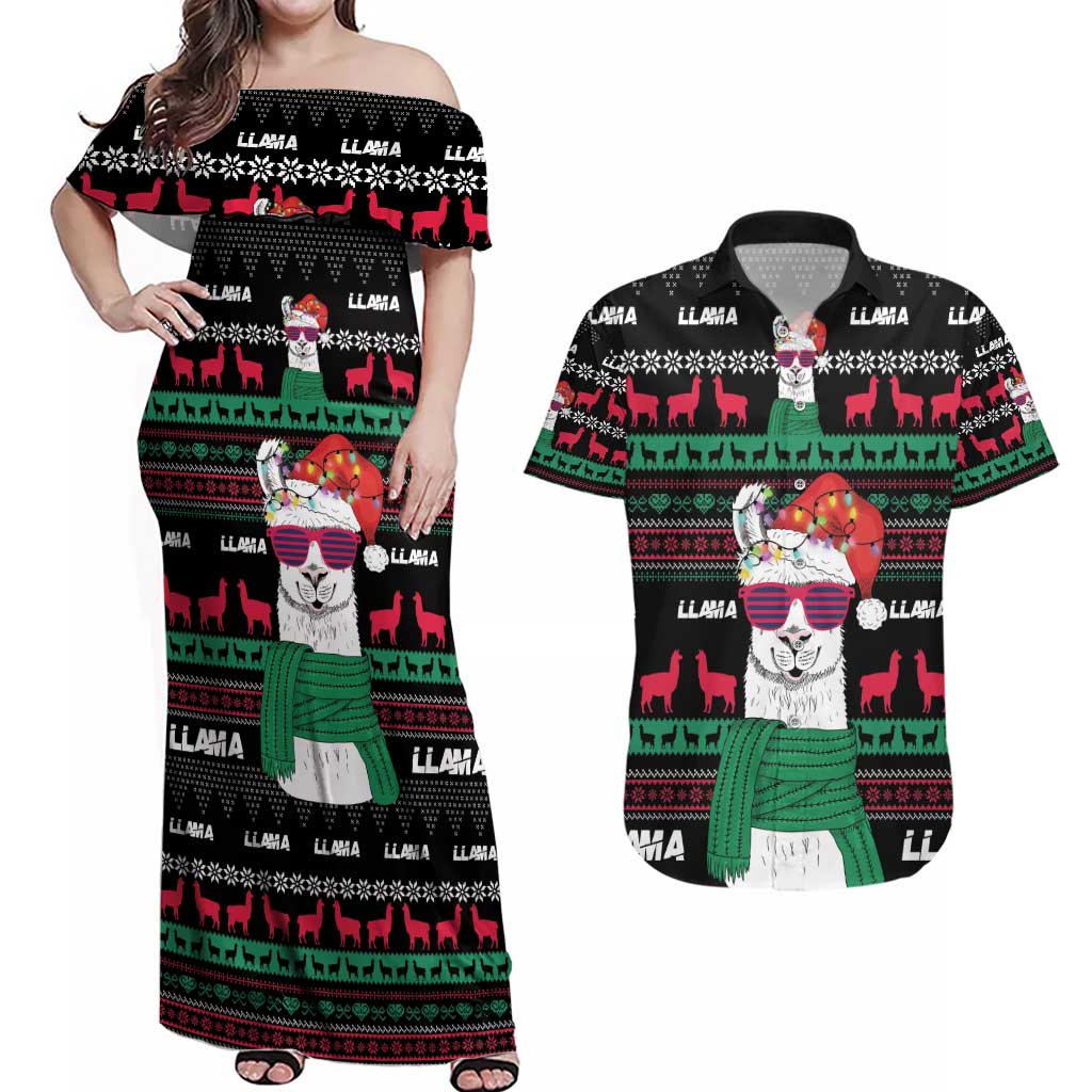 Llama Funny Couples Matching Off Shoulder Maxi Dress and Hawaiian Shirt Llama Christmas DT04 - Wonder Print Shop